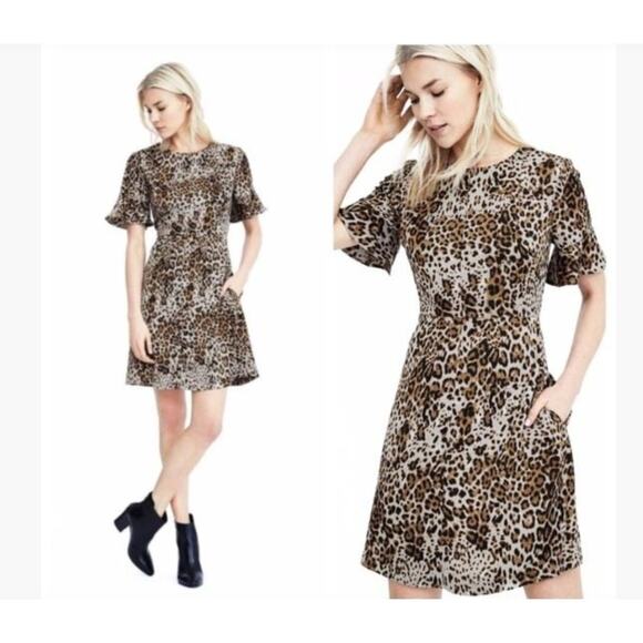 Banana Republic Leopard Print Flutter Sleeve Dress - Size 6 - Picture 1 of 6